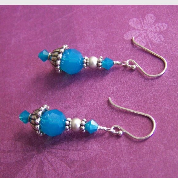 OOAK NEW Sterling Caribbean Blue Crystal Earrings - Picture 5 of 5